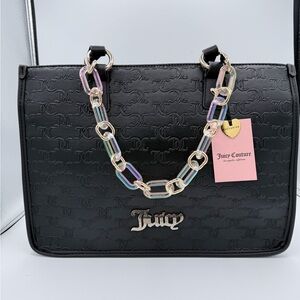 NWT‎ Juicy Couture Black Monogram Satchel Bag Chain Strap Rhinestone Logo